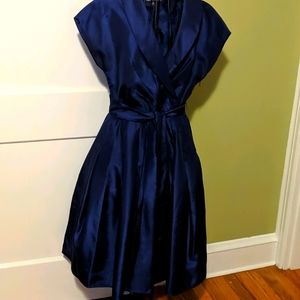 Full skirt navy tie front dress